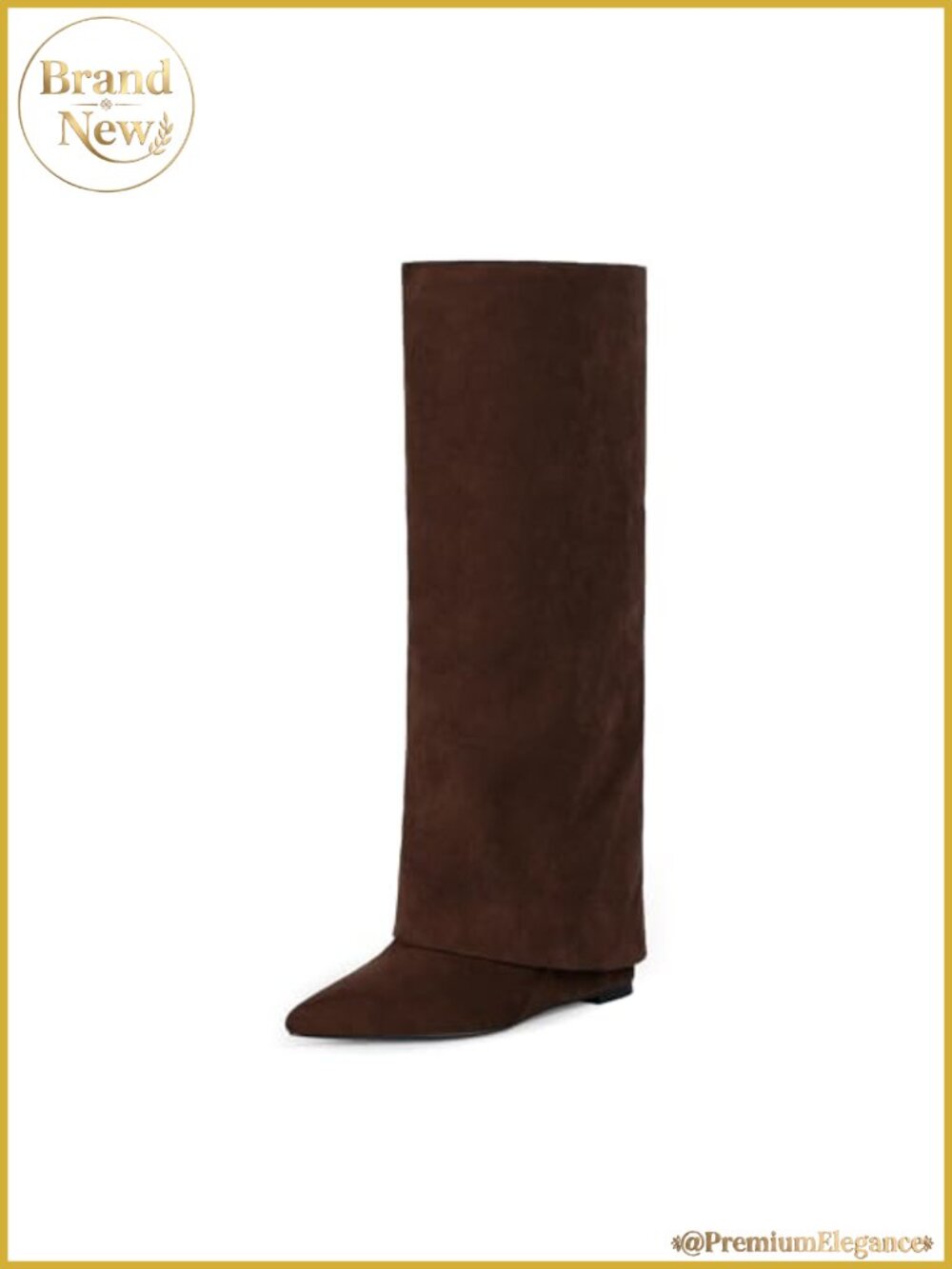 Knee High Boots Women Fold Over Wedge Heel Pointed Toe Tall Faux Suede